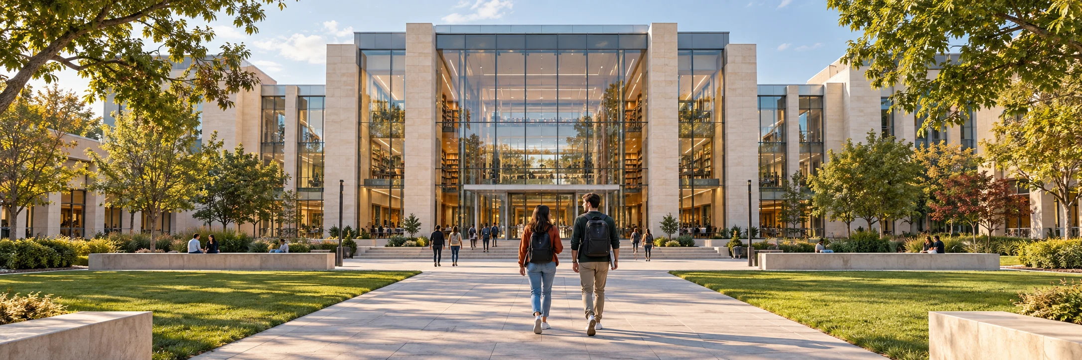 Illustrative view of students walking towards a modern university library.