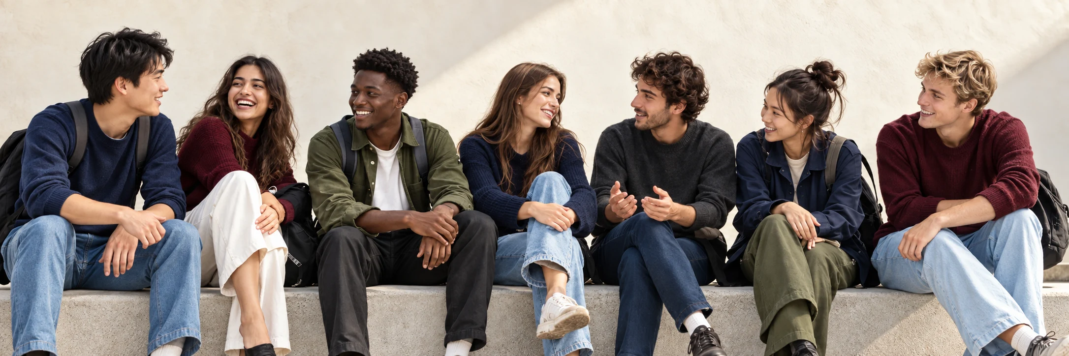 Illustrative portrait of a group of students sharing a conversation.